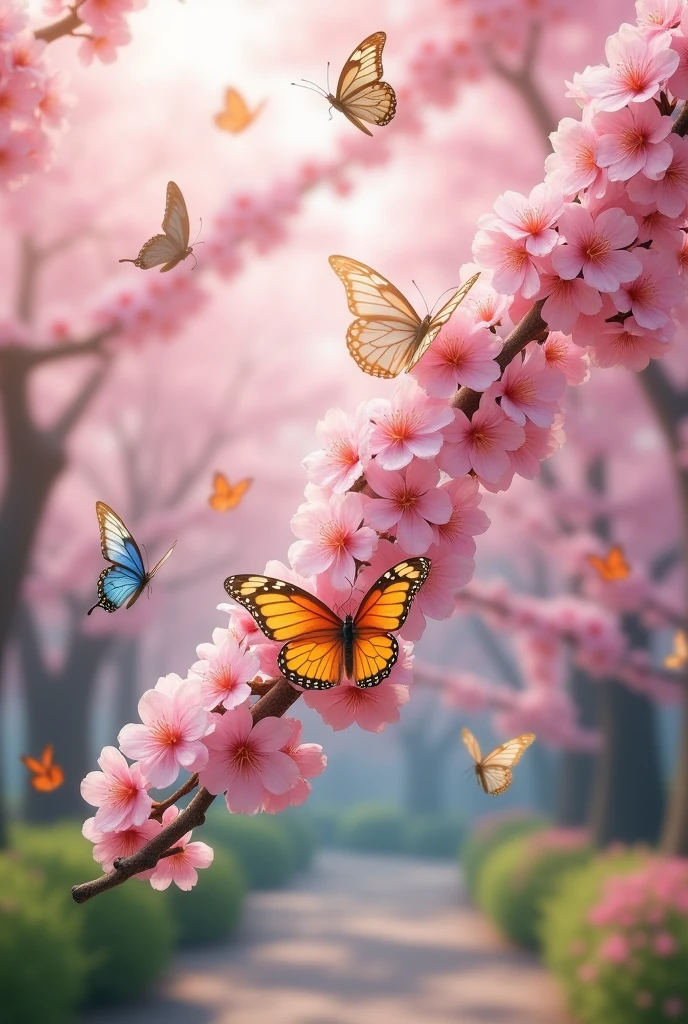 Cherry blossoms and butterflies flying