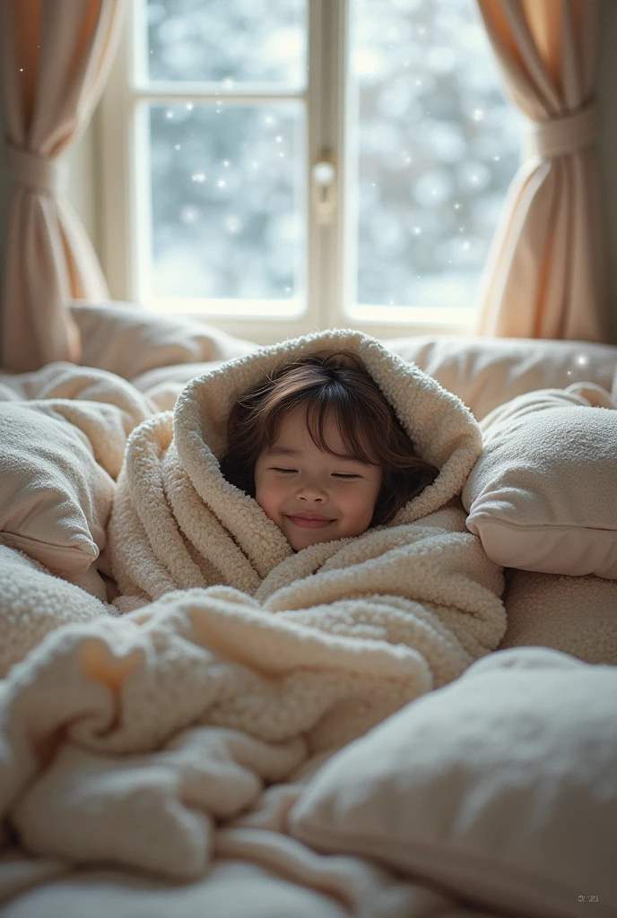 The girl is snuggled under a thick blanket surrounded by a pile of pillows on her bed. Snow is falling outside the window, adding to the peaceful atmosphere inside her room. Describe how this makes her feel cozy and safe.