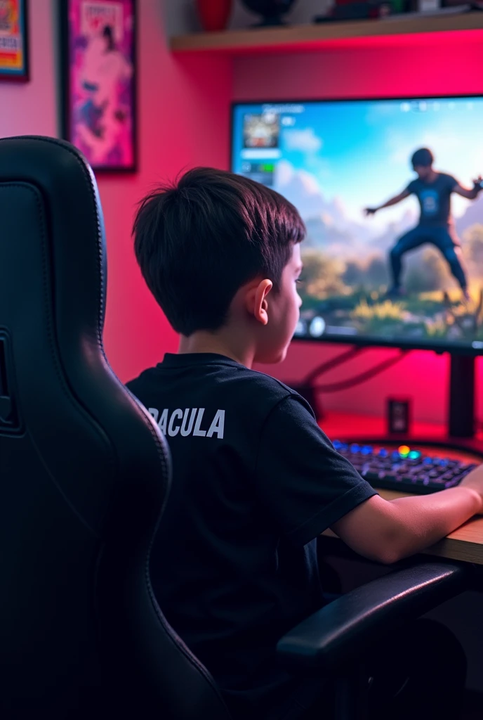 The young boy playing free fire game in computer. His t-shirt black it's name is dracula. His room is gaming room. He sits the gaming chair