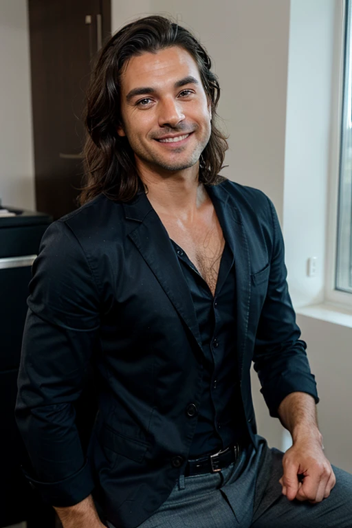 Handsome Man 40 years old,has a white cat, he has lean muscular body, tan skin olive, his eyes are blue, 1.90m, his hair is dark brown with natural waves that flow down his shoulders, stubble unshaved, wearing a black blazer, blue shirt, black pants, laughing