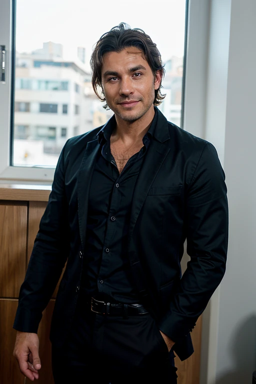 Handsome Man 40 years old,has a white cat, he has lean muscular body, tan skin olive, his eyes are blue, 1.90m, his hair is dark brown with natural waves that flow down his shoulders, stubble unshaved, wearing a black blazer, blue shirt, black pants, laughing