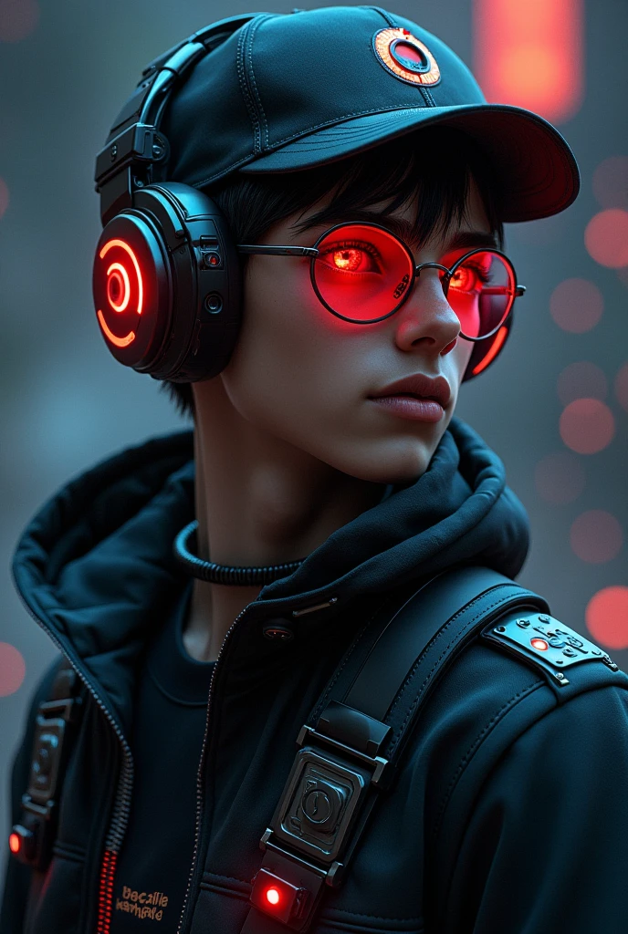 A highly detailed 19-year young boy cyborg, with a focus from the shoulders up, looking face to face the camera. The cyborg should have a futuristic and sleek appearance, intricate mechanical details, and neon glowing cybernetic implants. Include cyberpunk technology elements, such as cyberpunk-style glasses and headphones. His eyes should be red glowing and enigmatic, with an expression suggesting contemplation or curiosity. The background should be a dark cosmic setting with a cinematic and professional style, incorporating deep space elements like stars and nebulae. The transition between the cyborg's technology and the cosmic background should be smooth and harmonious, creating a striking and immersive visual contrast, the boy wearing black cap, YOGESH RATHOR name on the jaket