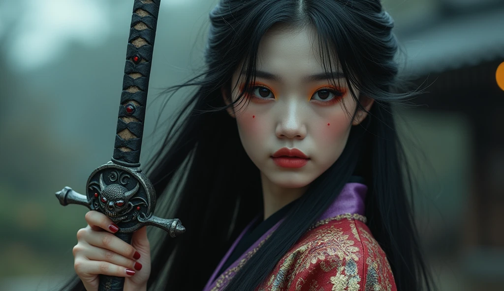 Create a photorealistic half-body image of a female character inspired by the medicine seller from 'Mononoke' in the 'Karakasa' arc, as if it were from a live-action adaptation. She has long, flowing black hair styled elegantly, and her face is adorned with traditional geisha-style makeup. Include the same sharp, artistic orange eye makeup with small red gems near the eyes, and a delicate pink lip color. She is holding a sword inspired by the Taima sword from a specific reference image, with intricate designs and a demonic face on the hilt. The woman is dressed in a traditional yet intricately designed kimono with rich, textured fabrics, blending deep reds, purples, and golds. The background depicts a traditional Japanese setting with a supernatural atmosphere, such as a haunted temple or a misty forest. The overall mood should be mysterious and eerie.