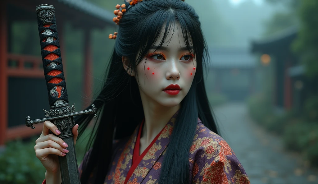 Create a photorealistic half-body image of a female character inspired by the medicine seller from 'Mononoke' in the 'Karakasa' arc, as if it were from a live-action adaptation. She has long, flowing black hair styled elegantly, and her face is adorned with traditional geisha-style makeup. Include the same sharp, artistic orange eye makeup with small red gems near the eyes, and a delicate pink lip color. She is holding a sword inspired by the Taima sword from a specific reference image, with intricate designs and a demonic face on the hilt. The woman is dressed in a traditional yet intricately designed kimono with rich, textured fabrics, blending deep reds, purples, and golds. The background depicts a traditional Japanese setting with a supernatural atmosphere, such as a haunted temple or a misty forest. The overall mood should be mysterious and eerie.