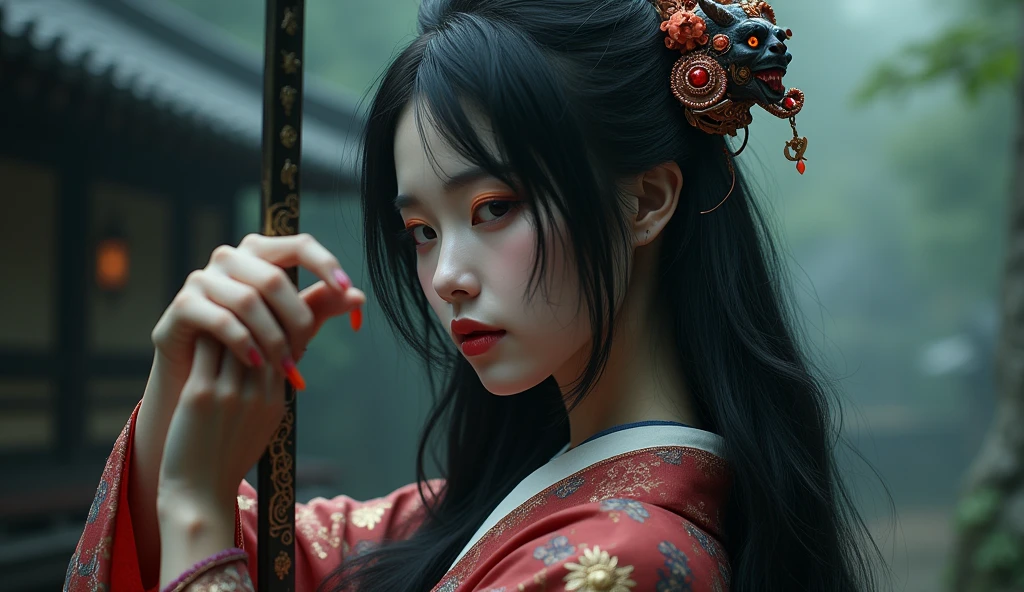 Create a photorealistic half-body image of a female character inspired by the medicine seller from 'Mononoke' in the 'Karakasa' arc, as if it were from a live-action adaptation. She has long, flowing black hair styled elegantly, and her face is adorned with traditional geisha-style makeup. Include the same sharp, artistic orange eye makeup with small red gems near the eyes, and a delicate pink lip color. She is holding a sword inspired by the Taima sword from a specific reference image, with intricate designs and a demonic face on the hilt. The woman is dressed in a traditional yet intricately designed kimono with rich, textured fabrics, blending deep reds, purples, and golds. The background depicts a traditional Japanese setting with a supernatural atmosphere, such as a haunted temple or a misty forest. The overall mood should be mysterious and eerie.