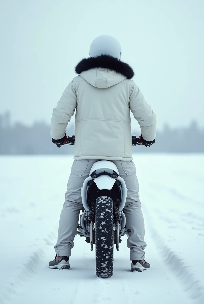 alone, male, standing, white winter jacket, hood up, white cargo pants, black fur around hood, white moter cycle helmet, white motorcycle, riding motorcycle, 18, fit, best quality