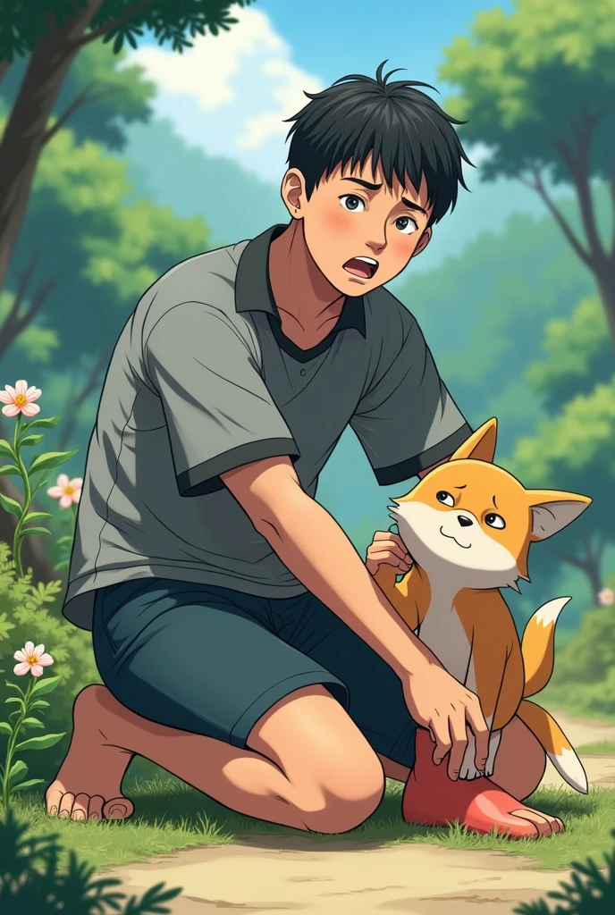 Ling twists his ankle
- Ling falling and clutching his ankle in pain, with the rare flower nearby, and Mochi rushing towards him in concern.
