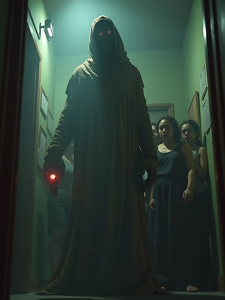 A captivating security camera image of an unexpected humanoid encounter. In the foreground, a tall, mysterious figure with an elongated head and large, dark eyes stands in a dimly lit room. The creature is wearing a tattered cloak and is holding a glowing orb in its hand. The background reveals a group of confused and frightened people huddled together, trying to understand the strange presence. The overall atmosphere of the image is one of intrigue and unease.