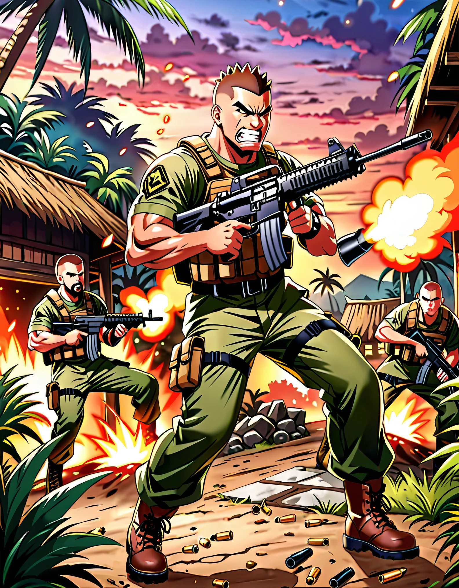 (masterpiece), (best quality), (hires), muscular mercenary, firing machine gun, assault rifle, shell casings, brown hair, brown eyes, crew cut, spiky hair, facial hair, angry, clenched teeth, jungle village, dusk, war zone background, tactical gear, combat boots, dynamic action pose, standing, gritty atmosphere.