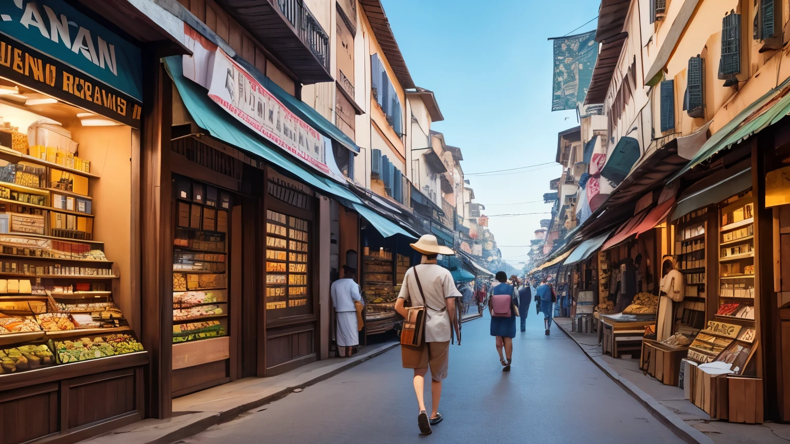 Globe-trotting investor in safari outfit, walking through bustling marketplace in developing country, notebook in hand, observing local businesses, vibrant colors, realistic style with slight exaggeration