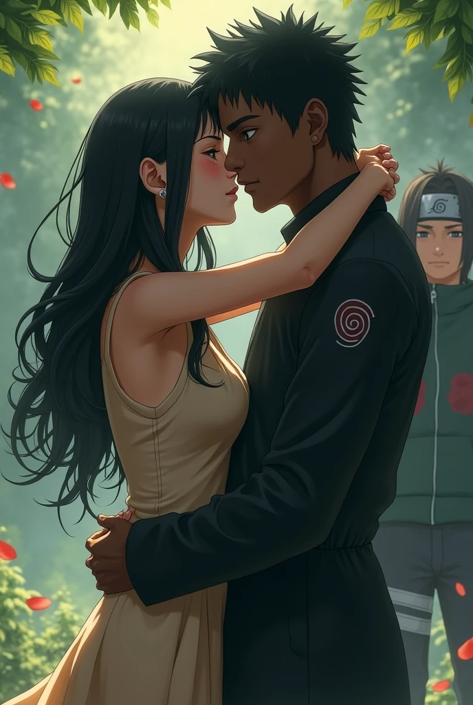 Hinata and the black man kiss, with the background of Naruto being sad