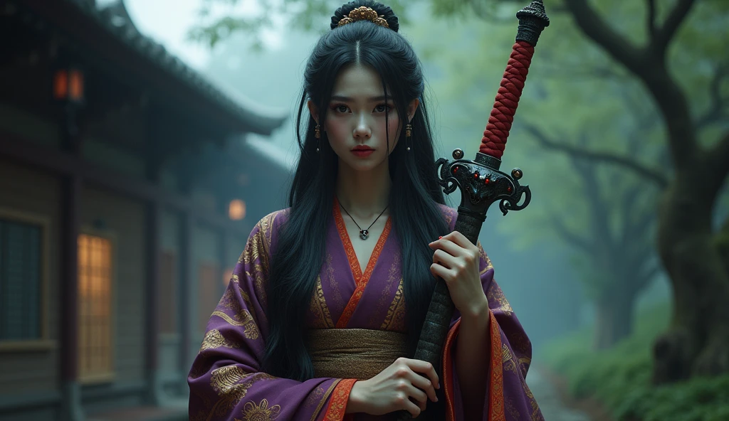 30yo,show off long legs,Create a photorealistic full-body image of a female character inspired by the medicine seller from 'Mononoke' in the 'Karakasa' arc, as if it were from a live-action adaptation. She has long, flowing black hair styled elegantly, and her face is adorned with traditional geisha-style makeup. Include the same sharp, artistic orange eye makeup with small red gems near the eyes, and a delicate pink lip color. She is holding a sword inspired by the Taima sword from a specific reference image, with intricate designs and a demonic face on the hilt. The woman is dressed in a traditional yet intricately designed kimono with rich, textured fabrics, blending deep reds, purples, and golds. The background depicts a traditional Japanese setting with a supernatural atmosphere, such as a haunted temple or a misty forest. The overall mood should be mysterious and eerie, capturing the full essence of the character in her environment.