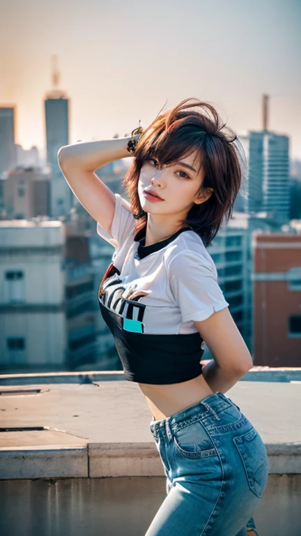 (Very fine eye), (((Fabric Shading))), (((highest quality))), (((masterpiece))), (((Ultra-high-definition CG))), Saucy girl, (((magical girl))), (small), (Small breasts), Blonde Hair Color,((short hair, rock chic punk hair style, nice hair)), Pink Eyes, (((Rock Chick, punk, Riot Girls, Y2K))), ((Strike a Pose)), (((Game CG)) (nice, Saucy, It Girl), Fine Jewelry, On the roof, City skyline in the background, T-Shirts, Denim jeans, Urban atmosphere,4K, strong atmosphere on the rooftop, Cowboy Shot, head shot, Centered Images, Focus on the camera, Dawn,
