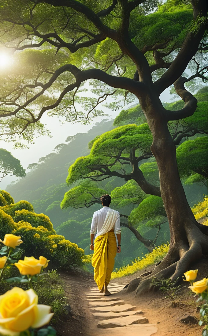 A white young man wearing yellow dhoti walking up a hill to a glowing big size yellow roses single huge tree, with green forest lining the path, 4k resolution, high resolution, cinematic, realistic, The overall scene is vibrant and dynamic.