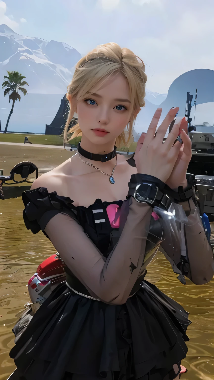 A beautiful woman. 20s. Blonde hair and blue eyes. Short hair. She is looking at the camera with a defiant expression. She wears a silver metallic battle uniform. There is something on his waist that is reminiscent of Kamen Rider's transformation belt. In her background is an image of outer space and a giant space battleship. A masterpiece.
