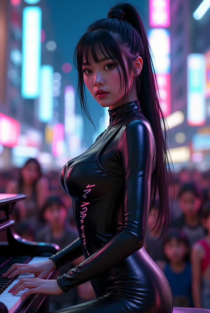 ultra-realistic, photorealistic, dramatic scene, (20 years old Japanese famous idol girl:1.5), Playing the piano as a street musician, futuristic grand piano, at cyber punk night city, dynamic angle, acrobatic pose, masterpiece, (close up of her beautiful face:1.6), beautiful eyes, (wearing a cyber punk bodysuits with brilliant neon markers:1.3), very large breasts, beautiful face, a large number of cute children for audience