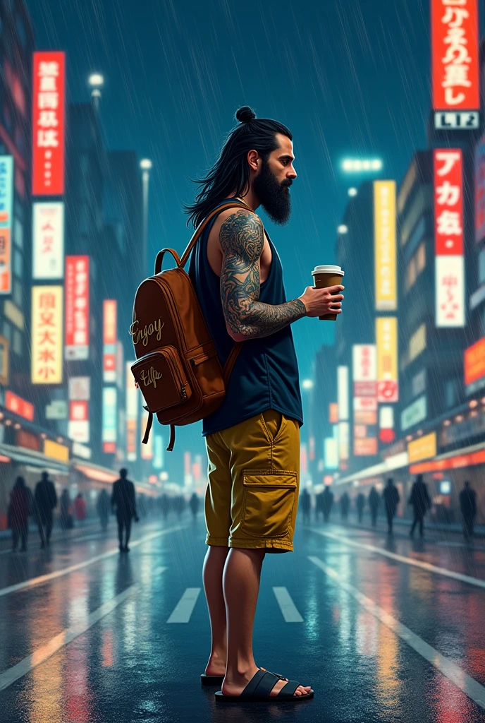 posterized masterpiece high detailed definition man long hair long beard wearing black floral yellow blue singlet standing at middle road at Tokyo city at night rain season fully body short trousers wearing slipper brown sling bag holding cup of coffee wrote 人生を楽しむ backpack maori tattoos on left shoulder