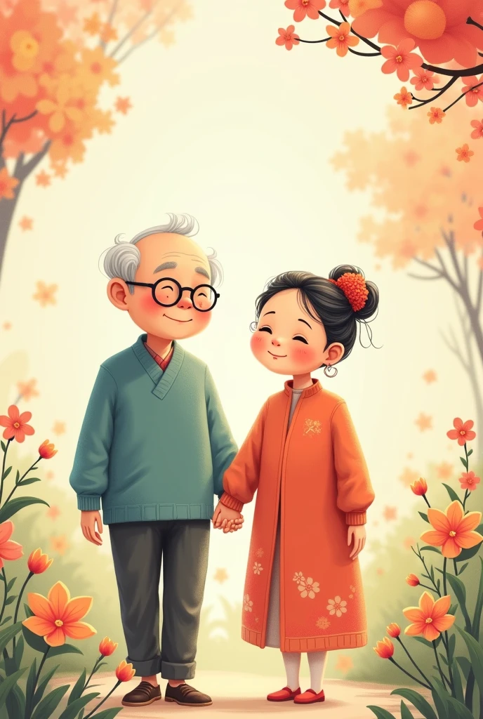 Chinese old couple in cute cantoon hand hold hand with flowers