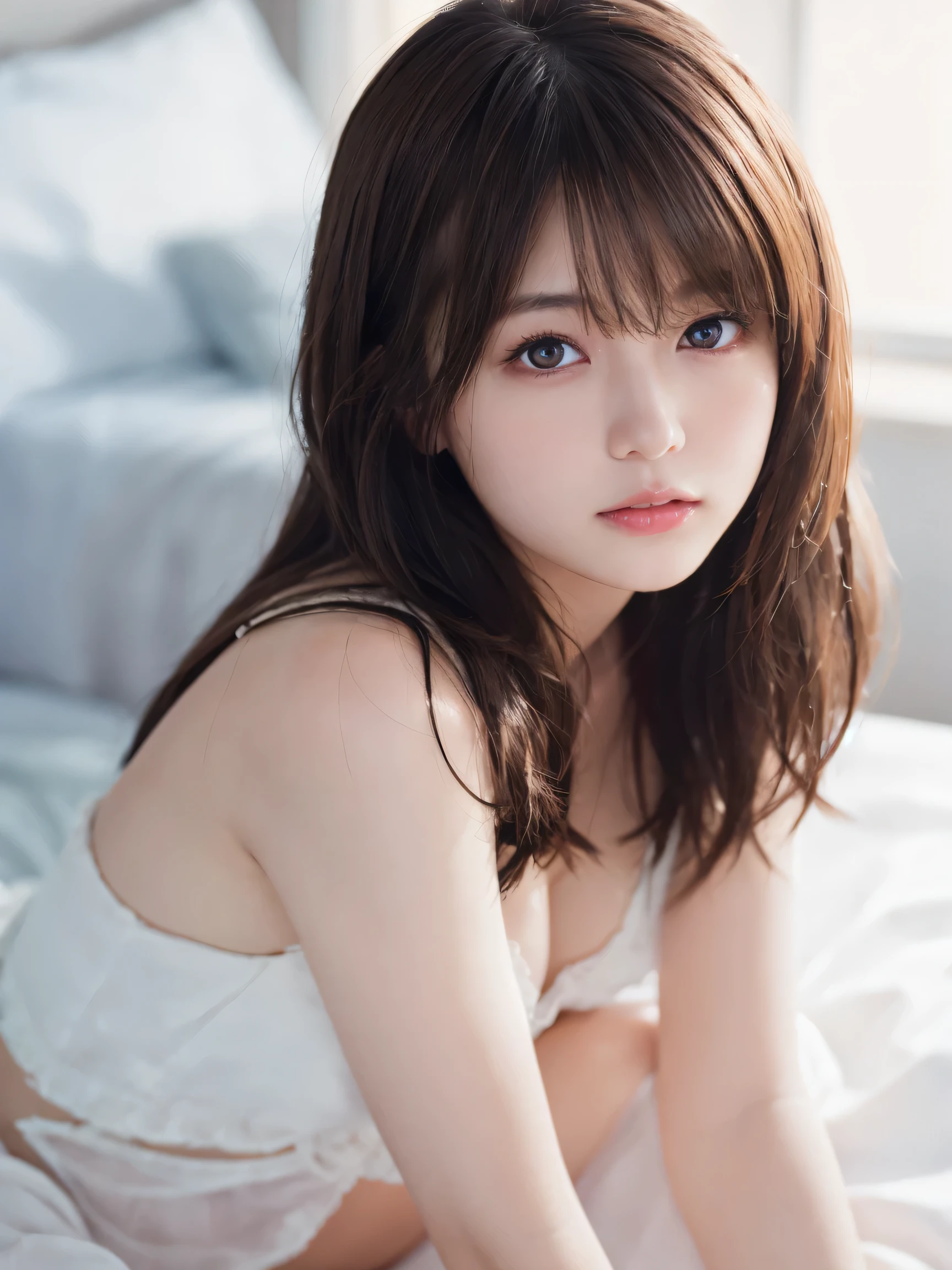 Highest quality, Soft Light, Ultra-high resolution, (Realistic:1.4), RAW Photos, whole body、Knee Shot, Wrapped in bed sheets, Lie down in bed, Of Japanese, alone, cute, (pupil, Light in your eyes), Beautiful face in every detail, (Long Hair)