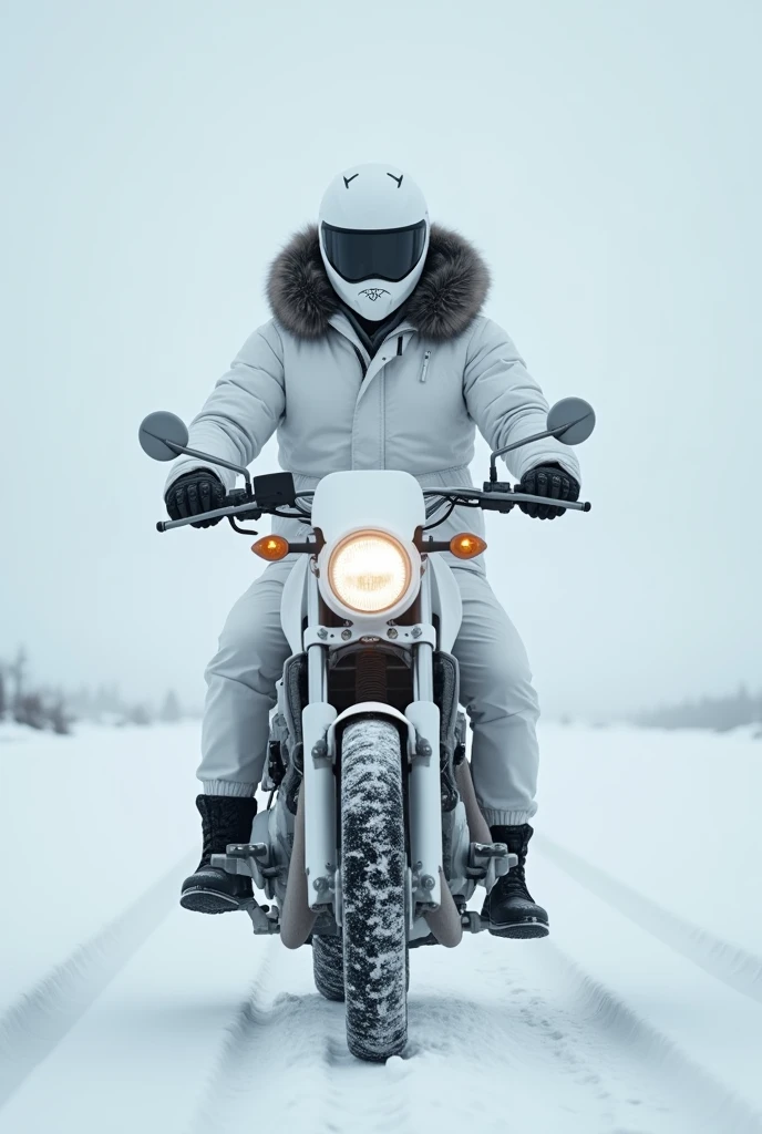 alone, male, standing, white winter jacket, hood up, white cargo pants, black fur around hood, white moter cycle helmet, white motorcycle, riding motorcycle, 18, fit, best quality