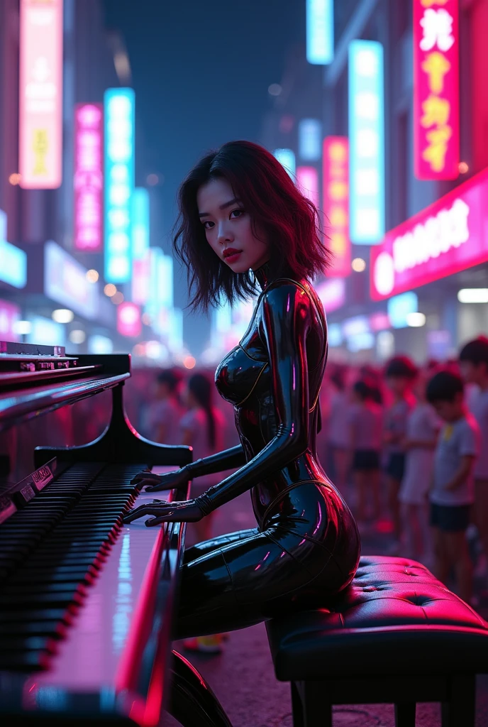 ultra-realistic, photorealistic, dramatic scene, (20 years old Japanese famous idol girl:1.5), Playing the piano as a street musician, futuristic grand piano, at cyber punk night city, dynamic angle, acrobatic pose, masterpiece, (close up of her beautiful face:1.6), beautiful eyes, (wearing a cyber punk bodysuits with brilliant neon markers:1.3), very large breasts, beautiful face, a large number of cute children for audience