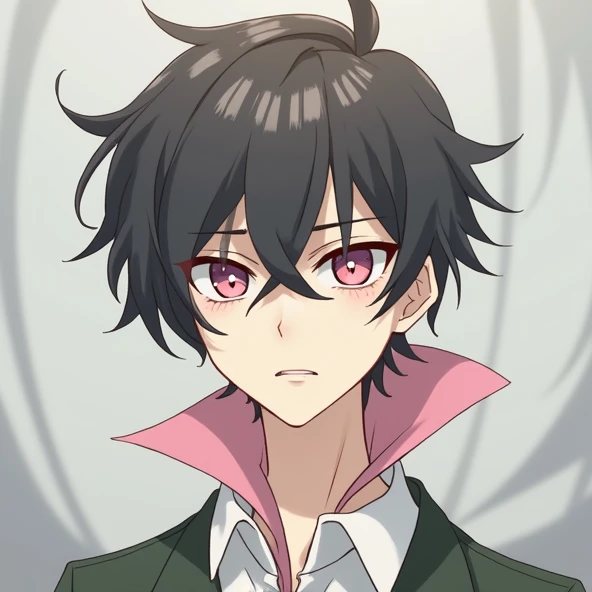bangs, Droopy eyes, Three white eyes, Black Hair, Diagonal bangs, Natural Curl, Inner Color, Very short hair, Simple Background, Background Blur, Japanese illustration style, male,Mash Hair,Pink Eyes,Collar hair,Pink Inner Color,Pink Collar Hair,Pink nape,Male sex overlooking, A series of character actions,