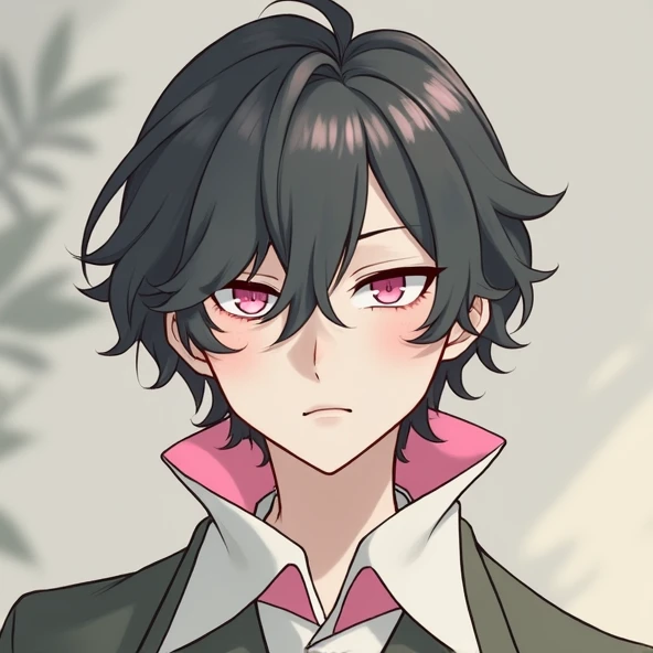 bangs, Droopy eyes, Three white eyes, Black Hair, Diagonal bangs, Natural Curl, Inner Color, Very short hair, Simple Background, Background Blur, Japanese illustration style, male,Mash Hair,Pink Eyes,Collar hair,Pink Inner Color,Pink Collar Hair,Pink nape,Male sex overlooking, A series of character actions,