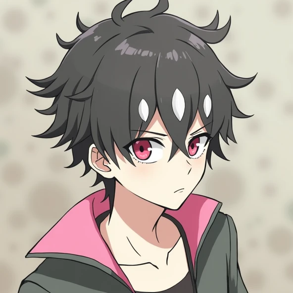 bangs, Droopy eyes, Three white eyes, Black Hair, Diagonal bangs, Natural Curl, Inner Color, Very short hair, Simple Background, Background Blur, Japanese illustration style, male,Mash Hair,Pink Eyes,Collar hair,Pink Inner Color,Pink Collar Hair,Pink nape,Male sex overlooking, A series of character actions,