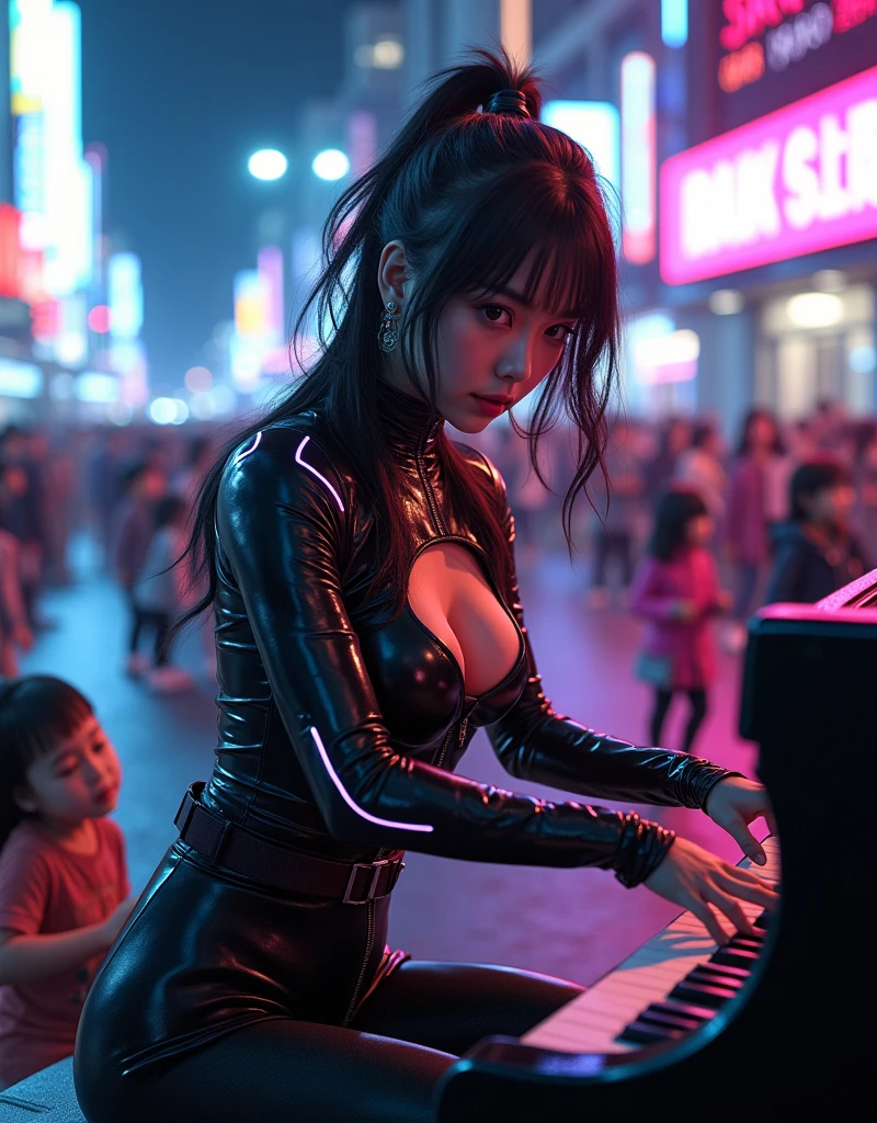 ultra-realistic, photorealistic, dramatic scene, (20 years old Japanese famous idol girl:1.5), Playing the piano as a street musician, futuristic grand piano, at cyber punk night city, dynamic angle, acrobatic pose, masterpiece, (close up of her beautiful face:1.6), beautiful eyes, (wearing a cyber punk bodysuits with brilliant neon markers:1.3), very large breasts, beautiful face, a large number of cute children for audience