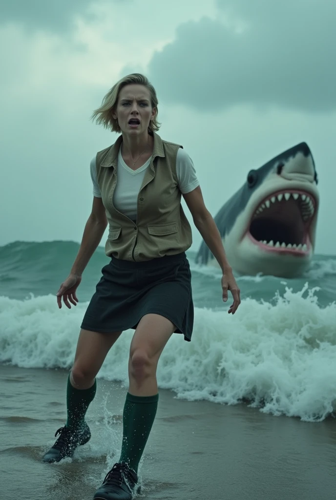 ((Highest quality)), ((photograph)), ((Sea surface)), (One person),  (Face of fear), (Women like bodybuilders), (Jaws Storm), Off-white short-sleeved shirt with light brown vest、A muscular man with a bodybuilder-like build wearing a knee-length black skirt, dark green socks and black shoes.々Short-haired woman、A video of a man desperately swimming away from a large number of giant great white sharks.、Sea surfaceの画像、
