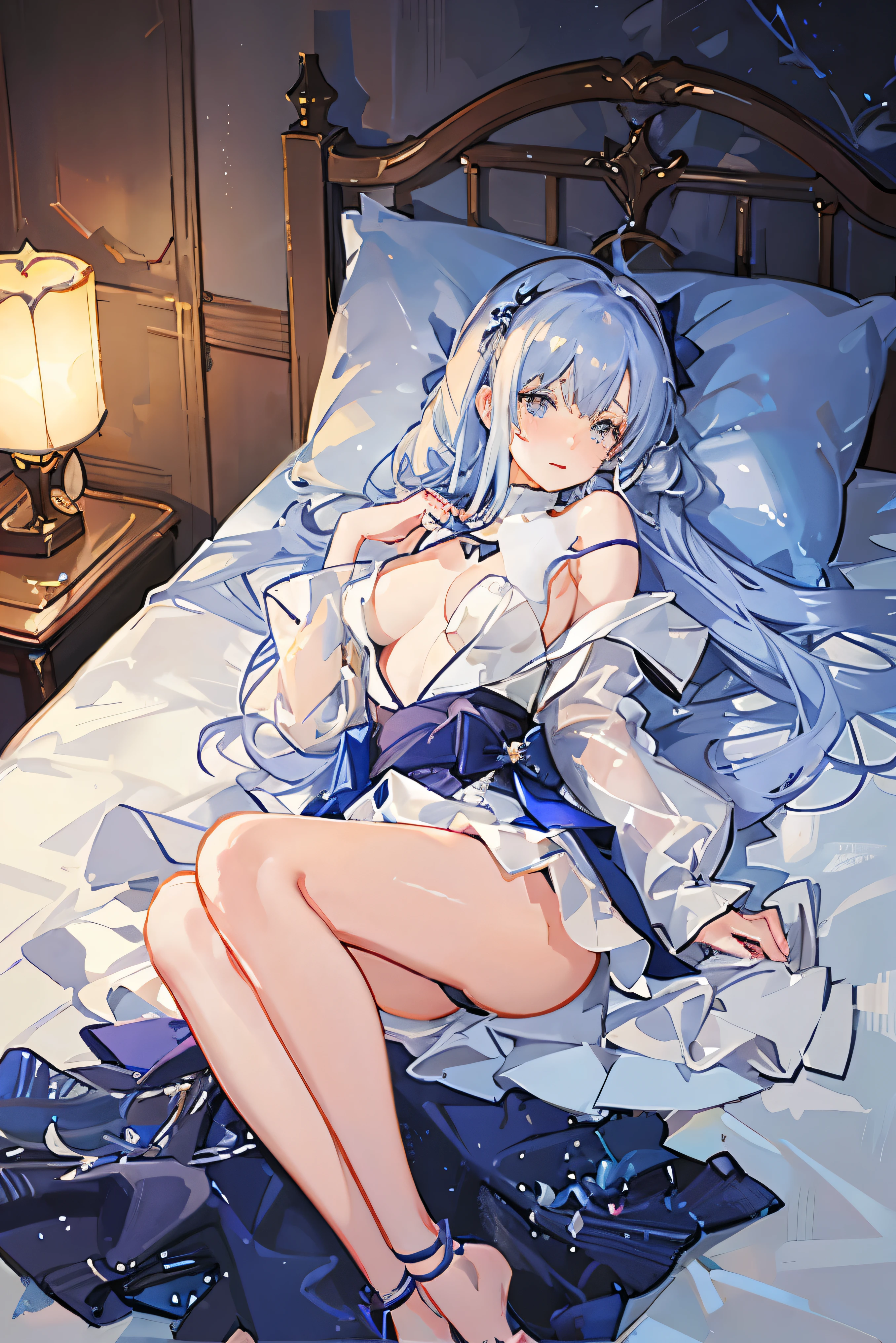 full body,on bed,bishoujo,azur lane,mecha girl,white_hair,blue_eyes,heavy breathing,lying on back,clothes_lift,off-shoulder sweater,blush,flat_chest,((masterpiece, sidelighting, finely detailed beautiful eyes: 1.2)),