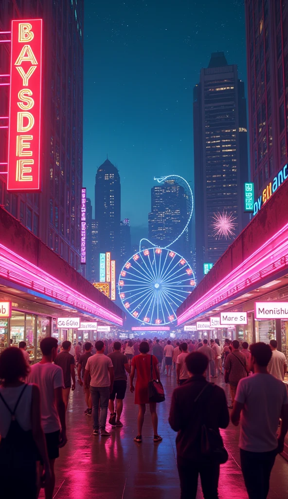 anime cyberpunk Miami Bayside market with people , neon lights, miami vice vibes, , Ferris wheel at far away, with stars and roller coaster at far away