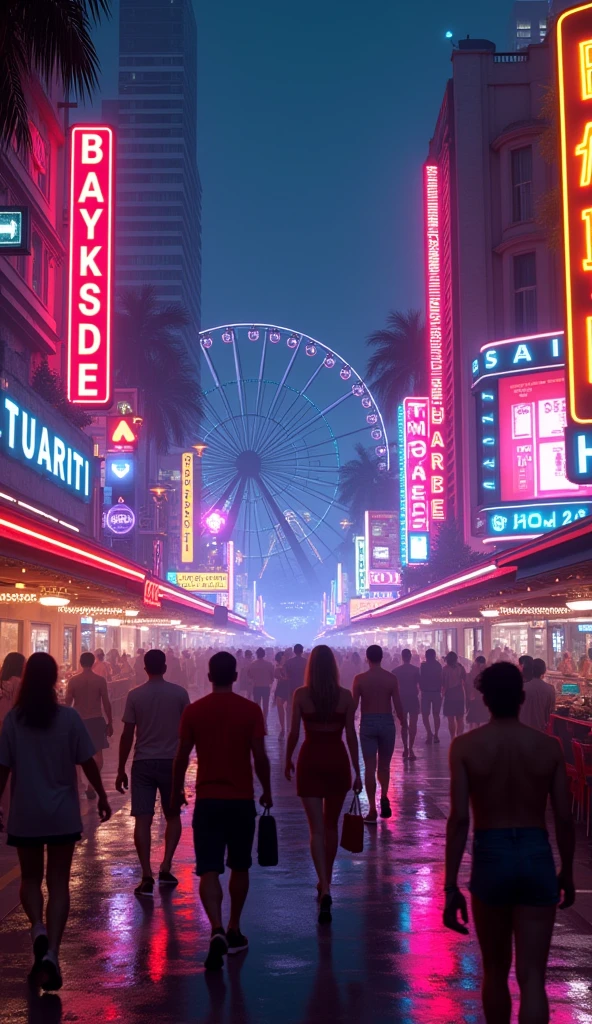 anime cyberpunk Miami Bayside market with people , neon lights, miami vice vibes, , Ferris wheel at far away, with stars and roller coaster at far away