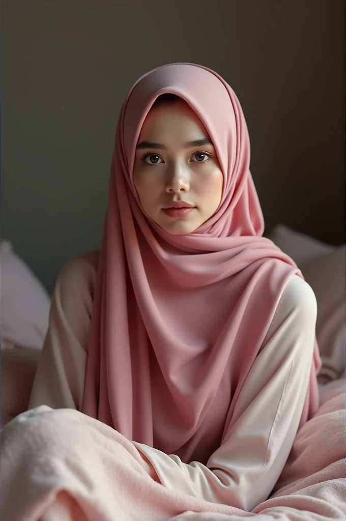 A beautiful woman wearing a pink hijab is sitting on the bed. 