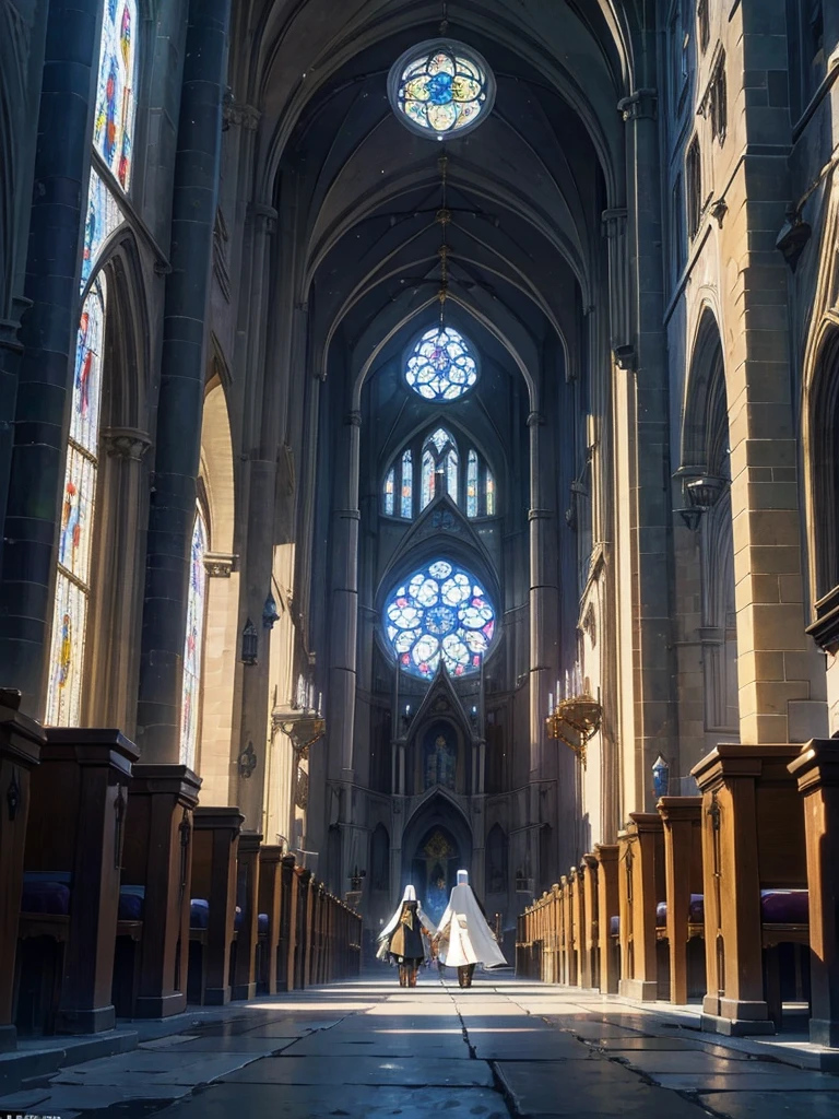 A huge cathedral under the moon、Stained glass、Chapel、Medieval streetscape,wide roadway、The sound of the bell rings out、Many nuns walking through the city