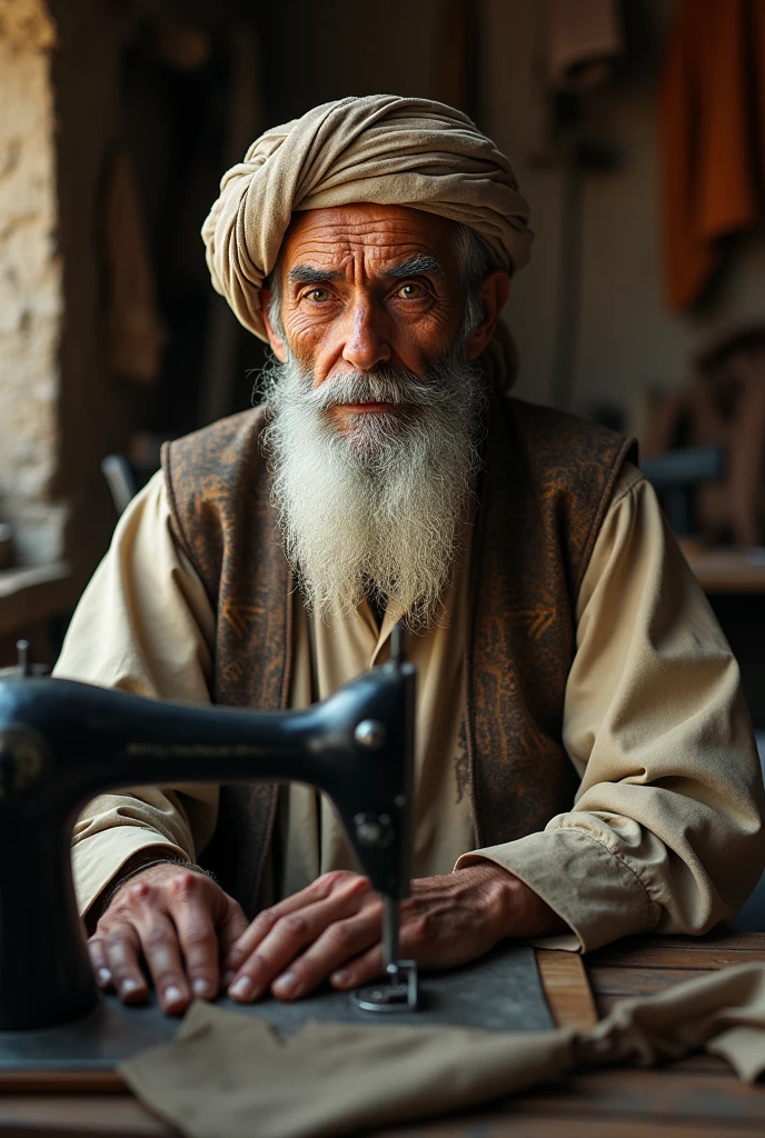 Old  arabic man tailor looking at photographer

