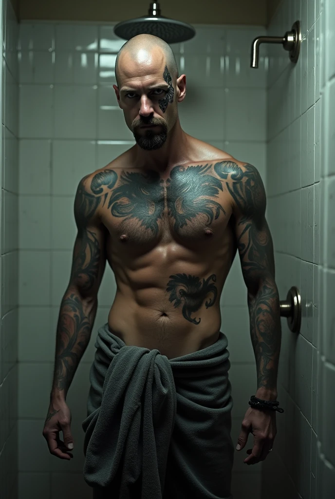 Tattooed male model shaved head pointy mustache, soul pach, glasgow smile scars, tall, slim fit, naked and wet, just a tawel atound the waste steping out of the shover