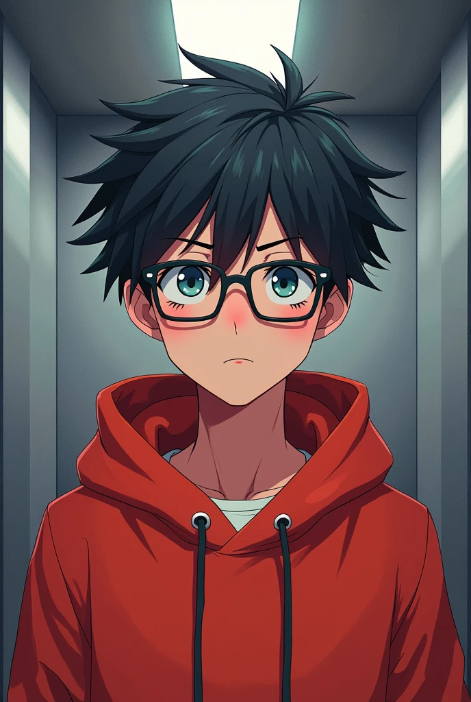 Do a pfp of a guy with square glasses and messy hair, with a red hoodie in an elevator in anime style