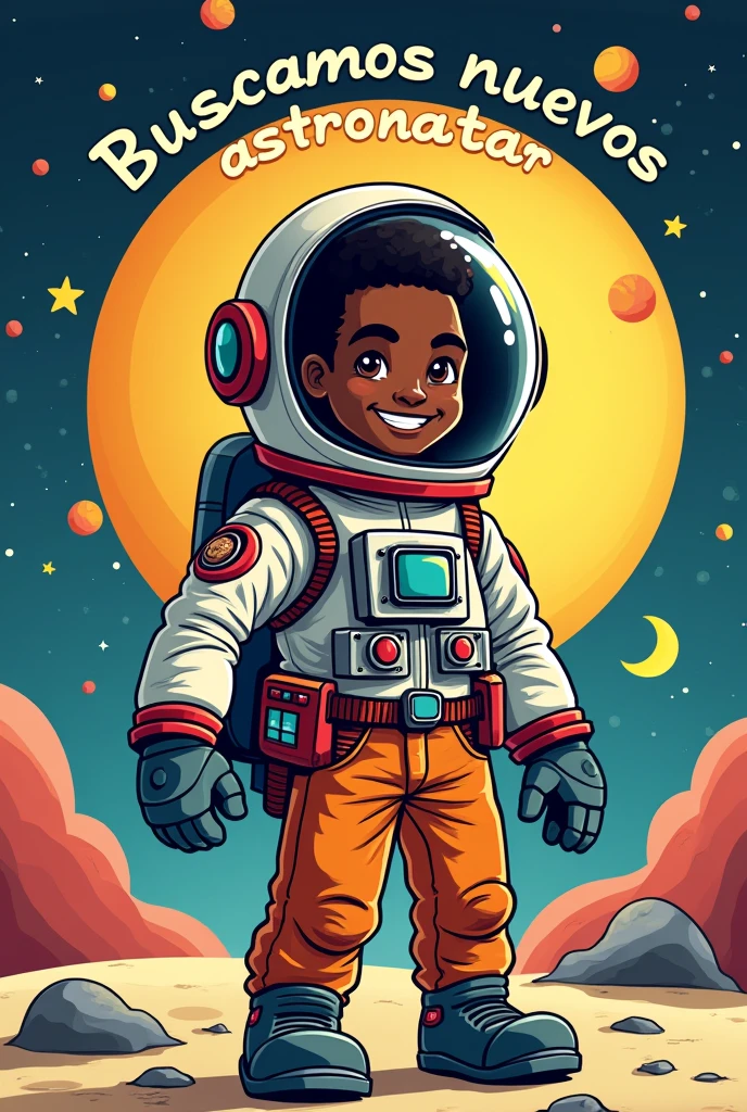 Can you generate a poster in Spanish for me to hire employees from a restaurant called "Moon"?
I need you to say the message of, "We are looking for new astronauts"
And below it says that waiters are wanted, cleaning assistants.
Call 9511349374 And an astronaut who is a black male person with chinos and a tramp hat of many colors is attending.