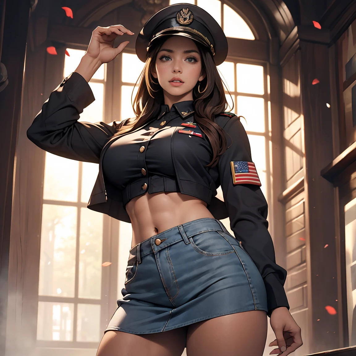 1 woman, Pretty Caucasian (female), Sarah Shahi, a slim but muscular body, huge breasts, dark brown messy hair, blue eyes, Women, Women in crop top soldier uniform, soldier hat, military Shirt brooch, exposed abdomen area, very low waist micro miniskirt, exposed navel, well exposed thighs, 25 years-old, high ranking , standing, military standing , realistic, high quality, view from front