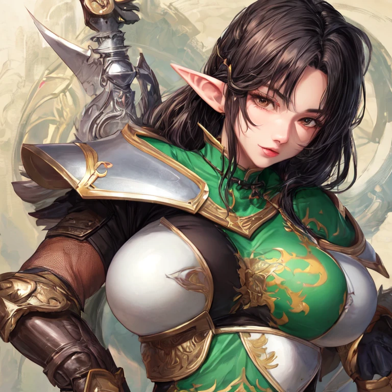 Beautiful mature milf elf with gray skin and black hair and brown eyes in leather armor with big breasts and daggers UHD, textured skin, super detail, high details, high quality,