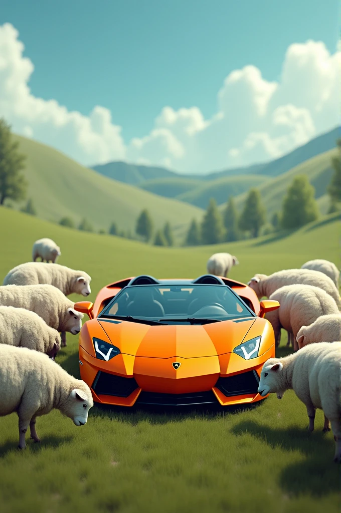 Sheeps around Lamborghini