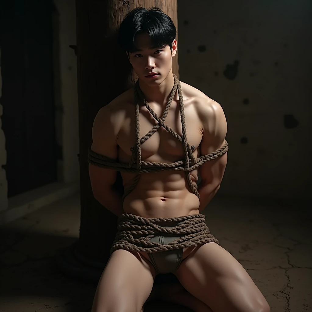 (((muscular,shirtless guy))), (((young, slim, muscular, fit, boy))), (((ripped sixpack))), ((((Trussed up completely with rope)))), ((((ropes trussed across chest)))), (((body trussed up in tight fitting shibari ropes))), (((beautiful boy))), (((beautiful face, K-pop type))),  (((slim fit body))), ((medium-lenght curtain hairstyle))), (((wearing shorts))) kneeling, (((arms behind back))), , Smiling, ((((in a  dungeon with a thick pole))), ((leaning against a polel)))