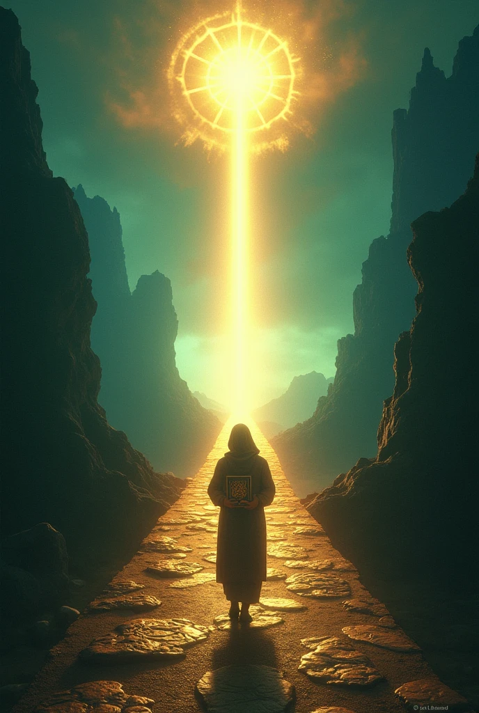 Create a long pathway that starts with silhouette of a man holding Quran and ends at a bright light. Right and left side are two different worlds one is peaceful and one is dark and ominous.Use deep blue green and gold colors.