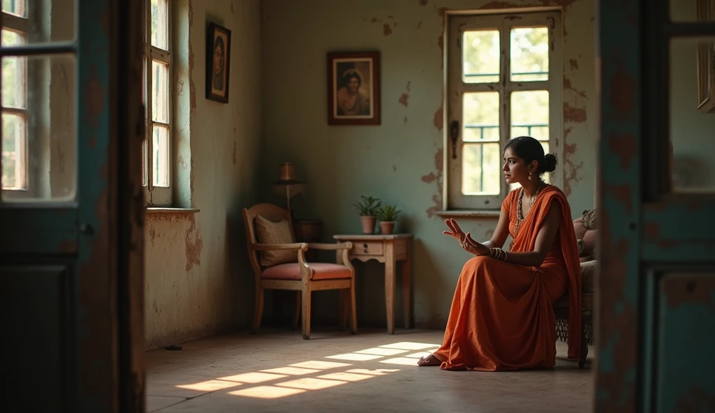 An Indian woman is sitting in an old house and she is talking