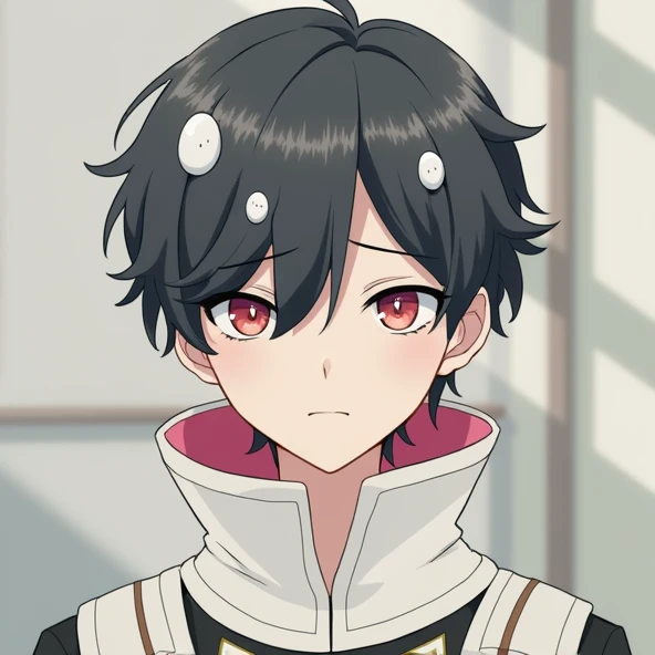 bangs, Droopy eyes, Three white eyes, Black Hair, Diagonal bangs, Natural Curl, Inner Color, Very short hair, Simple Background, Background Blur, Japanese illustration style, male,Mash Hair,Pink Eyes,Collar hair,Pink Inner Color,Pink Collar Hair,Pink nape，Male sex overlooking, A series of character actions, 