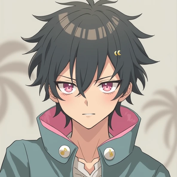bangs, Droopy eyes, Three white eyes, Black Hair, Diagonal bangs, Natural Curl, Inner Color, Very short hair, Simple Background, Background Blur, Japanese illustration style, male,Mash Hair,Pink Eyes,Collar hair,Pink Inner Color,Pink Collar Hair,Pink nape,Male sex overlooking, A series of character actions,
