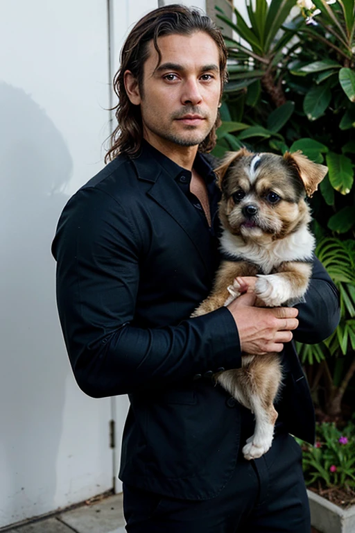 Handsome Man 40 years old, he has a golden Shih Tzu dog, lean muscular body, tan skin olive, his eyes are blue, 1.90m, his hair is dark brown with natural waves that flow down his shoulders, stubble unshaved, wearing a black blazer, blue shirt, black pants, he carries a white cat