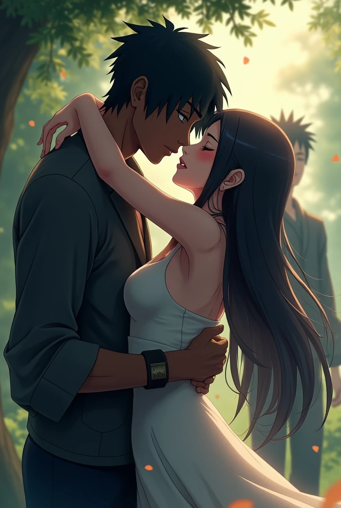 Hinata and the black man kiss, with the background of Naruto being sad
