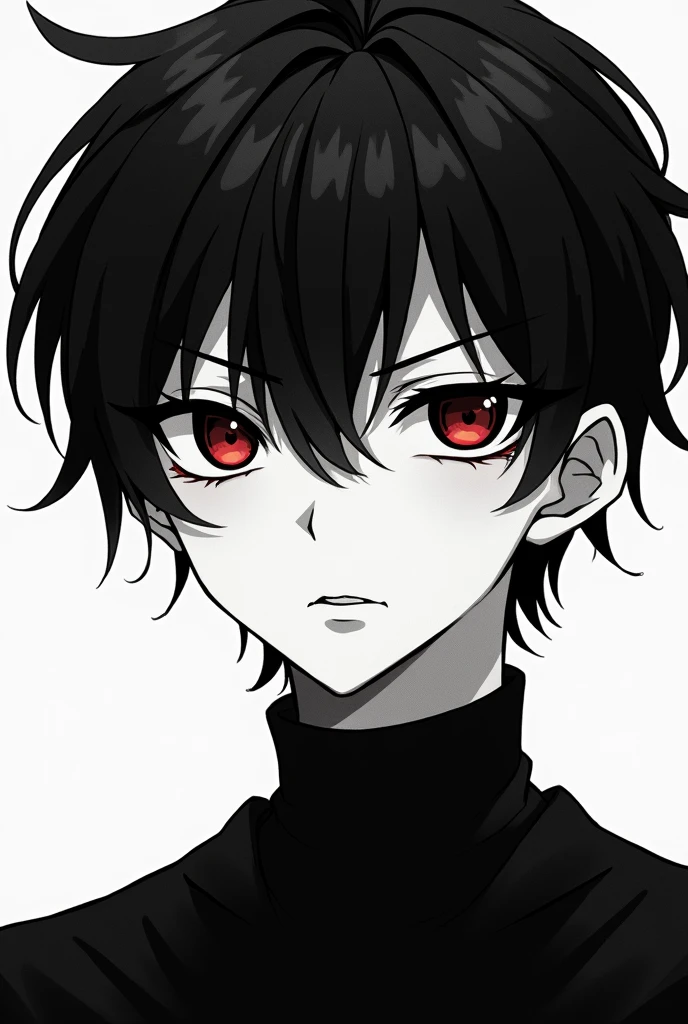 Black and white anime boy with black sclera and red pupil